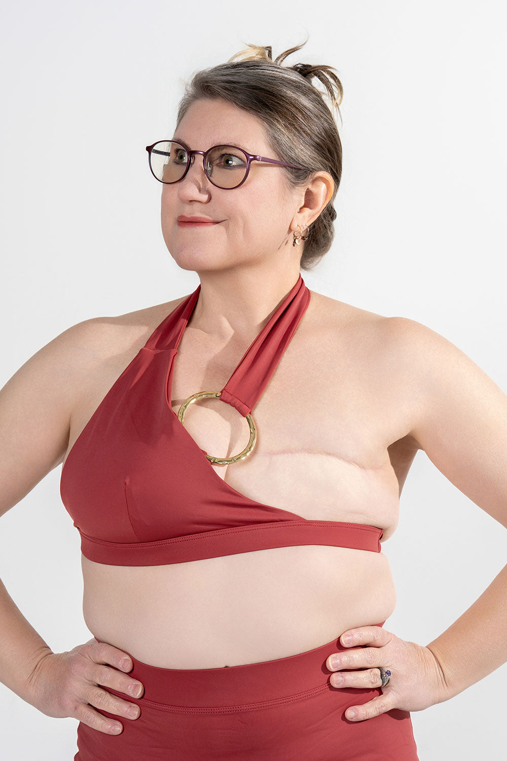 unilateral mastectomy swimwear bikini halter gold ring adobe brown