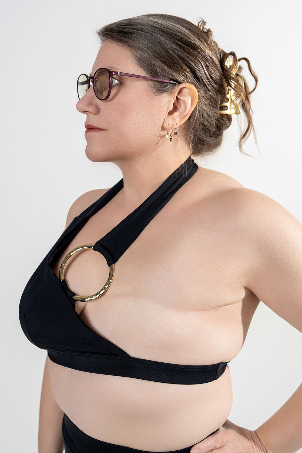 unilateral mastectomy swimwear bikini halter gold ring black