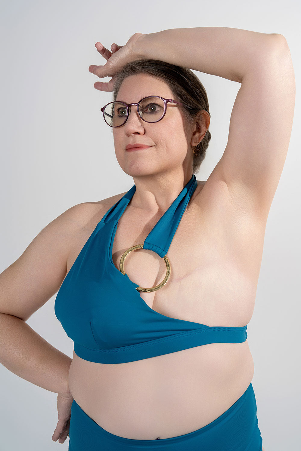 unilateral mastectomy swimwear bikini halter gold ring blue