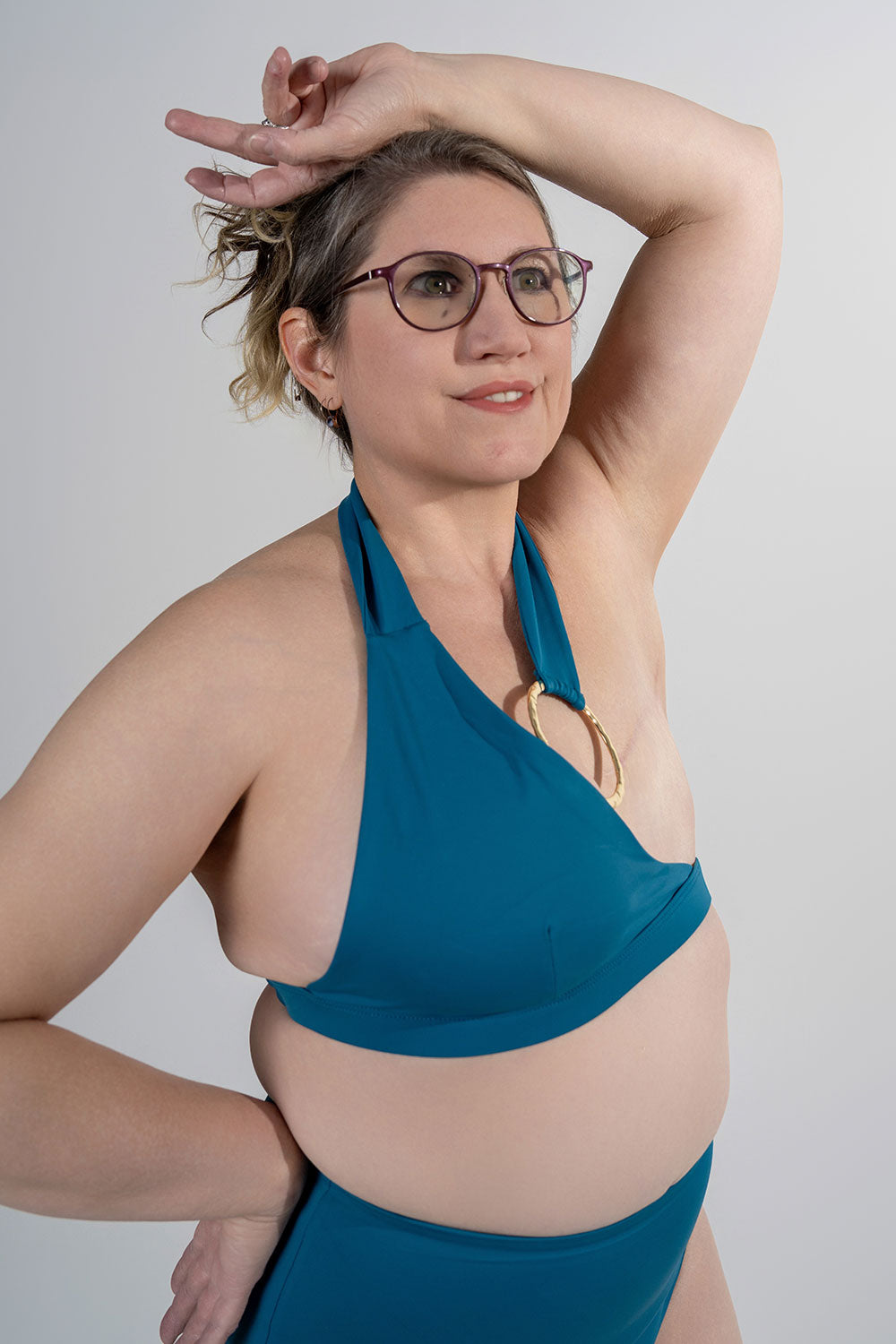 unilateral mastectomy swimwear bikini halter gold ring blue