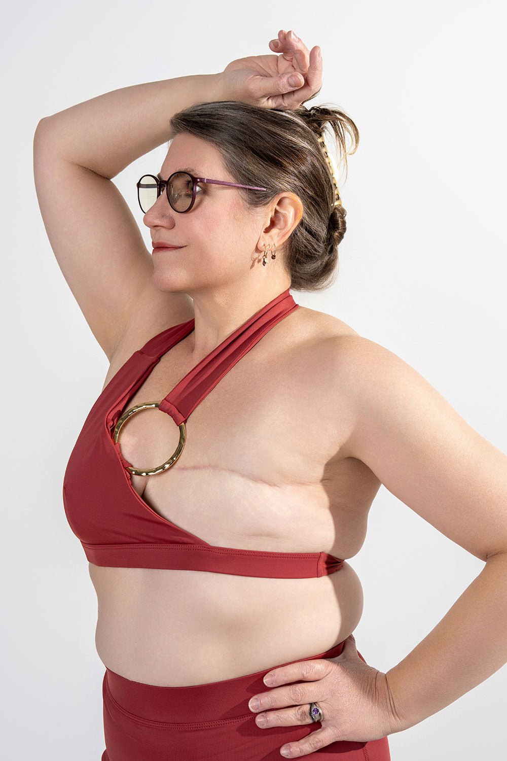 unilateral mastectomy swimwear bikini halter gold ring adobe brown
