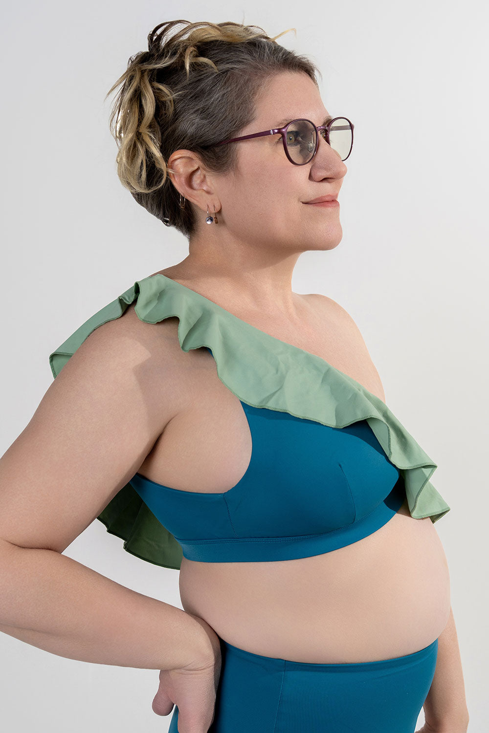 unilateral mastectomy swimwear bikini ruffle blue sage green