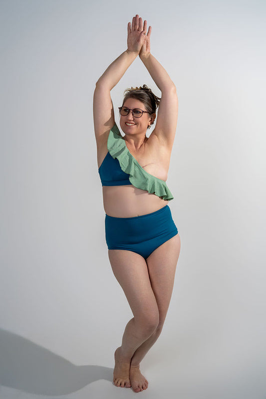 unilateral mastectomy swimwear bikini ruffle blue sage green