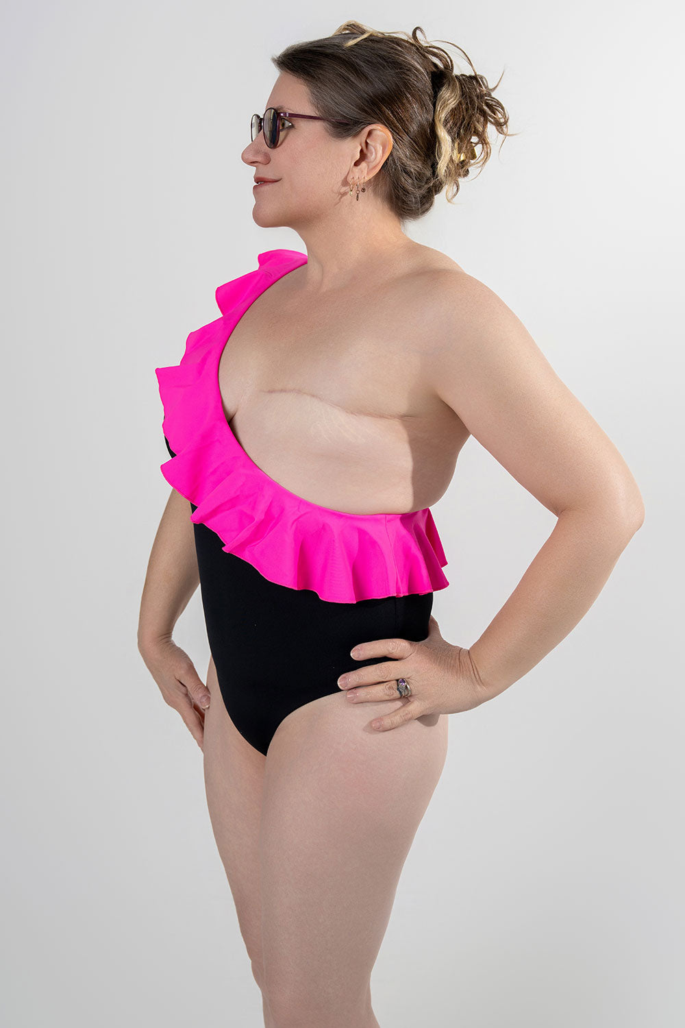 unilateral mastectomy swimwear one piece  ruffle pink black
